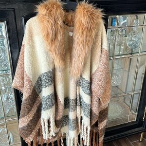 Plaid shawl sweater with removable faux fur collar one size